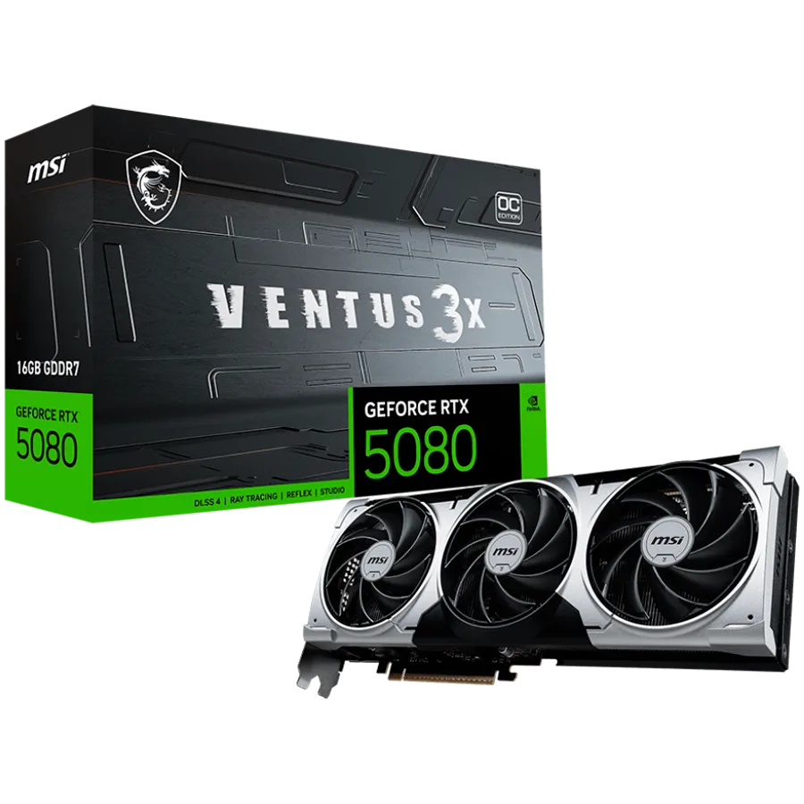 MSI Video Card Nvidia RTX 5080 16G VENTUS 3X OC PLUS (16GB GDDR7/256bit, PCI-E Gen5, 3x DP 2.1, 1x HDMI 2.1, 1x 16-pin Power Connector, 850W recommended, Retail)