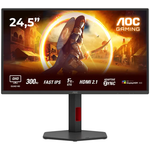 AOC MONITOR Q25G4SR, GAMING 25'', G, 300HZ, FAST IPS, 2560x1440, 0.3 MS, 80M:1, 300 CD/M, TILT, HEIGHT ADJUSTABLE, SWIVEL, PIVOT, 2X HDMI, DISPLAY PORT, 3YW, BLACK-RED