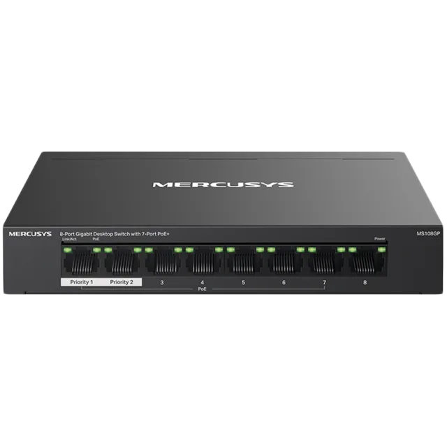 Mercusys MS108GP 8-Port Gigabit Desktop Switch with 7-Port PoE+, 7× Gigabit PoE+ Ports, 1× Gigabit Non-PoE Ports, Compatible with 802.3af/at PDs, 65 W PoE Power, Desktop Steel Case, Wall Mounting,Exte
