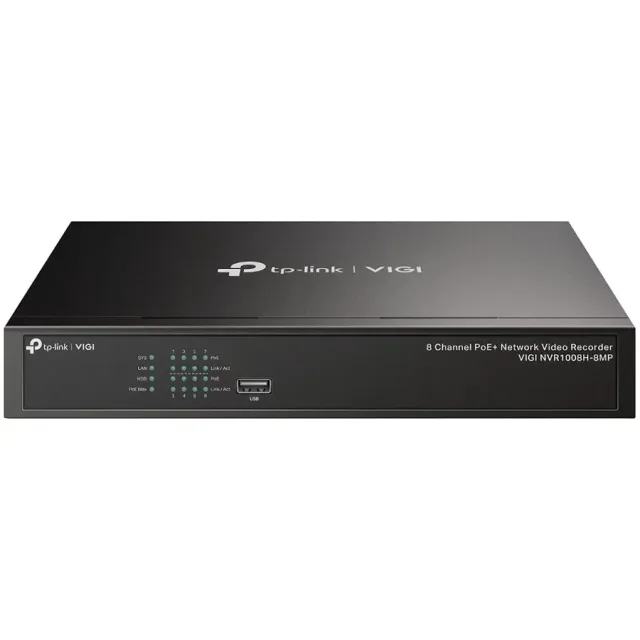 TP-Link VIGI NVR1008H-8MP 8 Channel PoE Network Video Recorder, H.265+/H.265/H.264+/H.264, Up to 8MP resolution,80 Mbps Incoming Bandwidth(up to 8 channels),8×10/100 Mbps PoE+ Ports, PoE Power 113W, 1