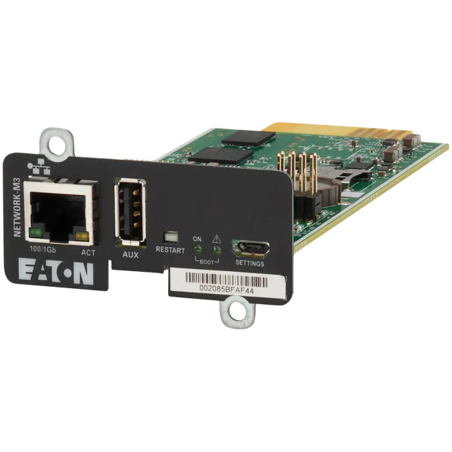 Eaton Network Managment Card - M3; Web/SNMP communications; Ethernet 10/100/1000BaseT; For UPS: 5P, 5PX, 5PX G2, 5SC Rack, 9PX, 9PXM, 9SX, 9130, Ferrups FX, 9E, 93PS, 91PS, 91PS Monoblock, 93E PDU: AT