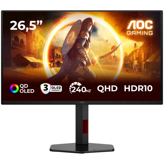 AOC Monitor Gaming OLED Q27G4ZDR 27" (26.5 viewable), QHD (2560x1440), QD-OLED, 240Hz, 0.03ms, 400 cd/m2, Adaptive Sync, G-Sync Compatible, HDR10, USB hub, 2x HDMI 2.1, 1x DP 1.4, Full Ergo