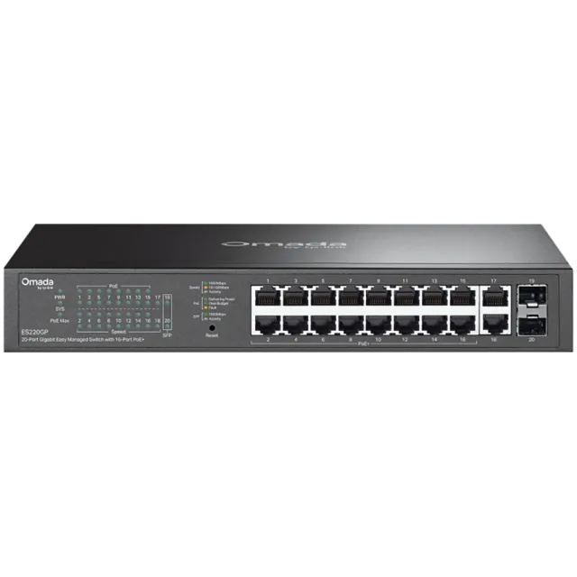 TP-Link ES220GP Omada 20-Port Gigabit Easy Managed Switch with 16-Port PoE+, 16x G PoE+ Ports, 2x G Non-PoE Ports, 2x G SFP Ports, 802.3at/af, 150 W PoE Power, 1U 13-inch Rack-mountable Steel Case and