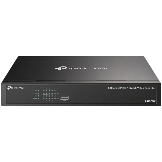 8 Channel PoE+ Network Video RecorderSPEC: H.265+/H.265/H.264+/H.264, Up to 8MP resolution, Decoding capability/8-ch@2MP/4-ch @4MP,80 Mbps Incoming Bandwidth(up to 8 channels),8× 10/100 Mbps PoE+ Port