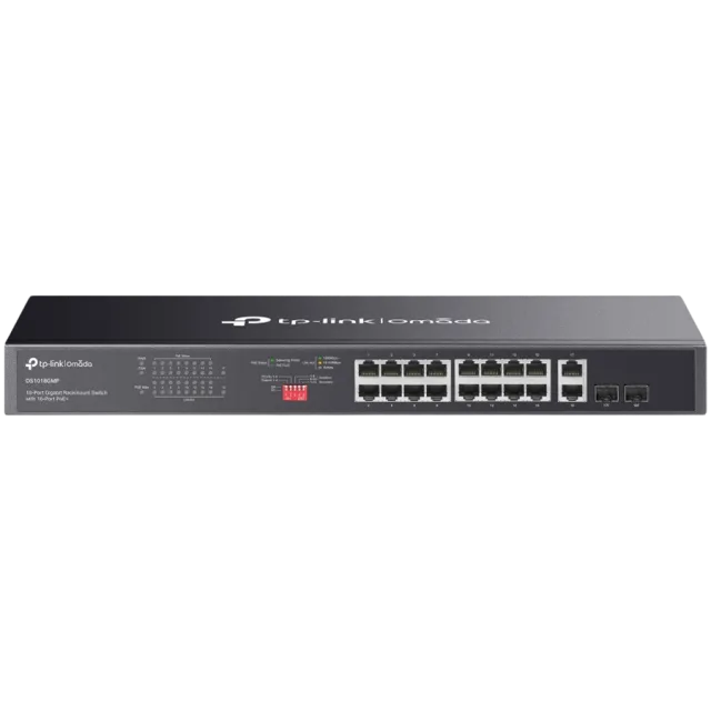 Omada 18-Port Gigabit Rackmount  Switch with 16-Port PoE+ PORT: 16× Gigabit PoE+ Ports, 2× Gigabit Non-PoE Ports, 2× Combo Gigabit SFP Slots SPEC: 802.3at/af, 250 W PoE Power, 1U 19-inch Rack-mountabl