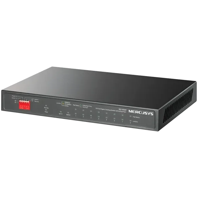 Mercusys MS112GMP 12-Port Gigabit Desktop Switch with 8-Port PoE+,  8x G PoE+ Ports, 2x G Non-PoE Ports, 2x G SFP Slots, 110 W PoE Power, Desktop Steel Case, Wall Mounting,  Extend Mode for 250m PoE T