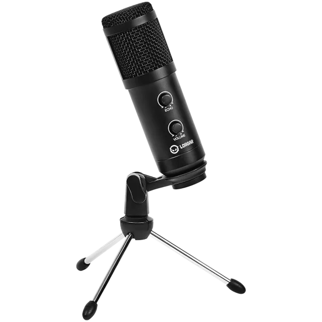 LORGAR Soner 313, Gaming Microphones, Black, USB condenser microphone with Volume Knob & Echo Kob, including 1x Microphone, 1 x 2.5M USB Cable, 1 x Tripod Stand, 1 x User Manual, body size: Φ47.4*158.