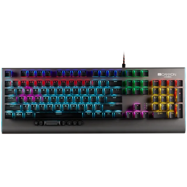CANYON Interceptor GK-8, Wired multimedia gaming keyboard with lighting effect, 20pcs rainbow LED & 19pcs RGB light, Numbers 104keys, EN double injection layout, cable length 1.8M, 446*160*40mm, 0.98k