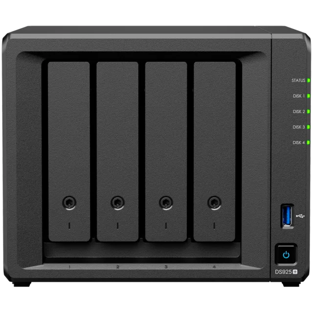 Synology DiskStation DS925+ Tower, 4-Bays 3.5'' SATA HDD/SSD, 2 x M.2 2280 NVMe SSD slot, CPU AMD Ryzen V1500B 4-core 2.2 GHz, 4 GB DDR4 ECC SODIMM, 2x RJ-45 2.5 GbE LAN Port; 2x USB 3.2; 1 xUSB Type-