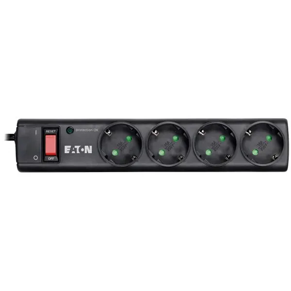 Eaton Protection Strip 4 DIN, 10A, Input: Schuko, Outputs: (4) Schuko; Power Cord Lenght 1m; Over voltage protection; On/Off switch; LED indication; 2yr warranty