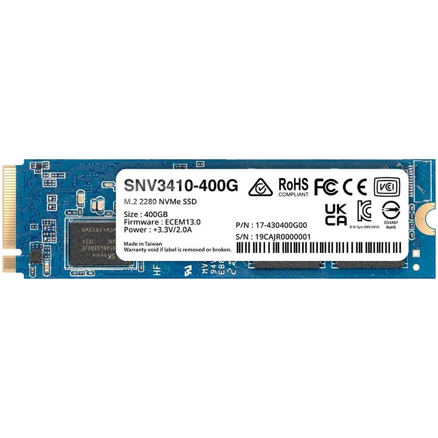 Synology SNV3410 400GB Enterprise NVMe m.2 2280 SSD, NVMe PCIe 3.0 x4, Read/Write(128 KB, QD32) 3,000 /750 MB/s, MTBF : 1.8 million hours