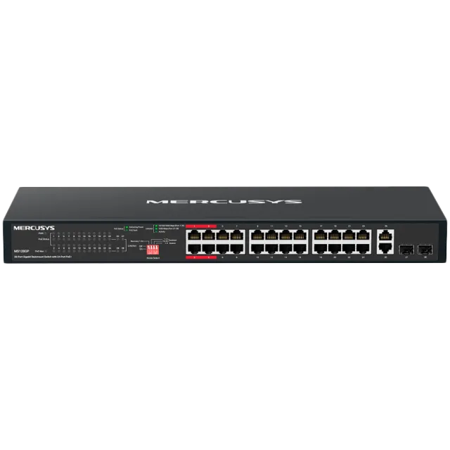 Mercusys MS128GP 28-Port Gigabit Rackmount Switch with 24-Port PoE+, 24x Gigabit PoE+ Ports, 2x Gigabit Non-PoE Ports, and 2x Gigabit SFP Slots, 295 W PoE Power, Rackmountable Steel Case, Extend Mode