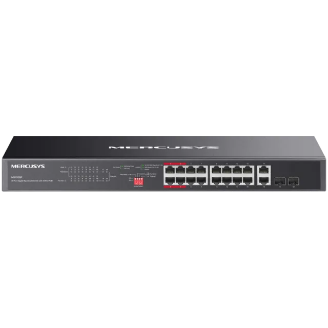 Mercusys MS120GP 20-Port Gigabit Rackmount Switch with 16-Port PoE+, 16x Gigabit PoE+ RJ45 ports, 2x Gigabit non-PoE RJ45 ports, and 2x Gigabit SFP slots, 192W PoE Power, Priority mode, Isolation Mode