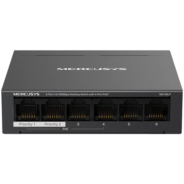 Mercusys MS106LP 6-Port 10/100 Mbps Desktop Switch with 4-Port PoE+, Compatible with 802.3af/at PDs, 40 W PoE Power, Desktop Steel Case, Wall Mounting, Extend Mode for 250m PoE Transmitting, Priority