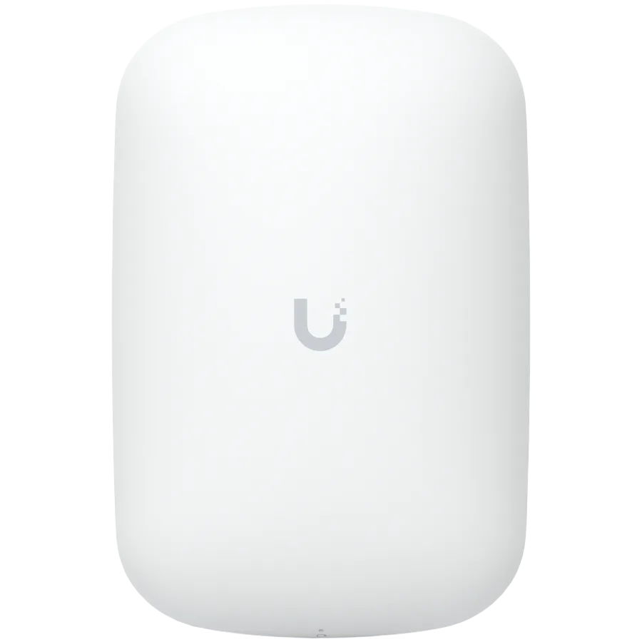 UBIQUITI U6 Extender; WiFi 6; 6 spatial streams; 115 m² (1,250 ft²) coverage; 300+ connected devices; Powered with standard AC wall outlet; Wireless uplink to UniFi WiFi.