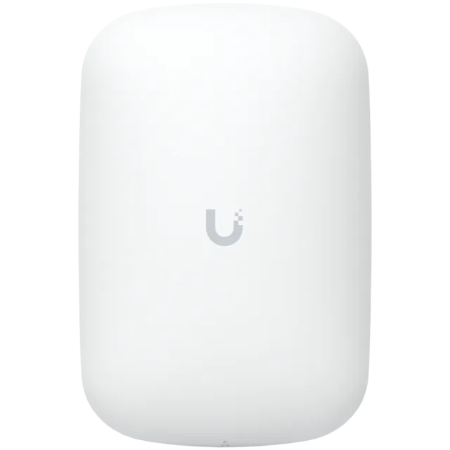 UBIQUITI U6 Extender; WiFi 6; 6 spatial streams; 115 m² (1,250 ft²) coverage; 300+ connected devices; Powered with standard AC wall outlet; Wireless uplink to UniFi WiFi.