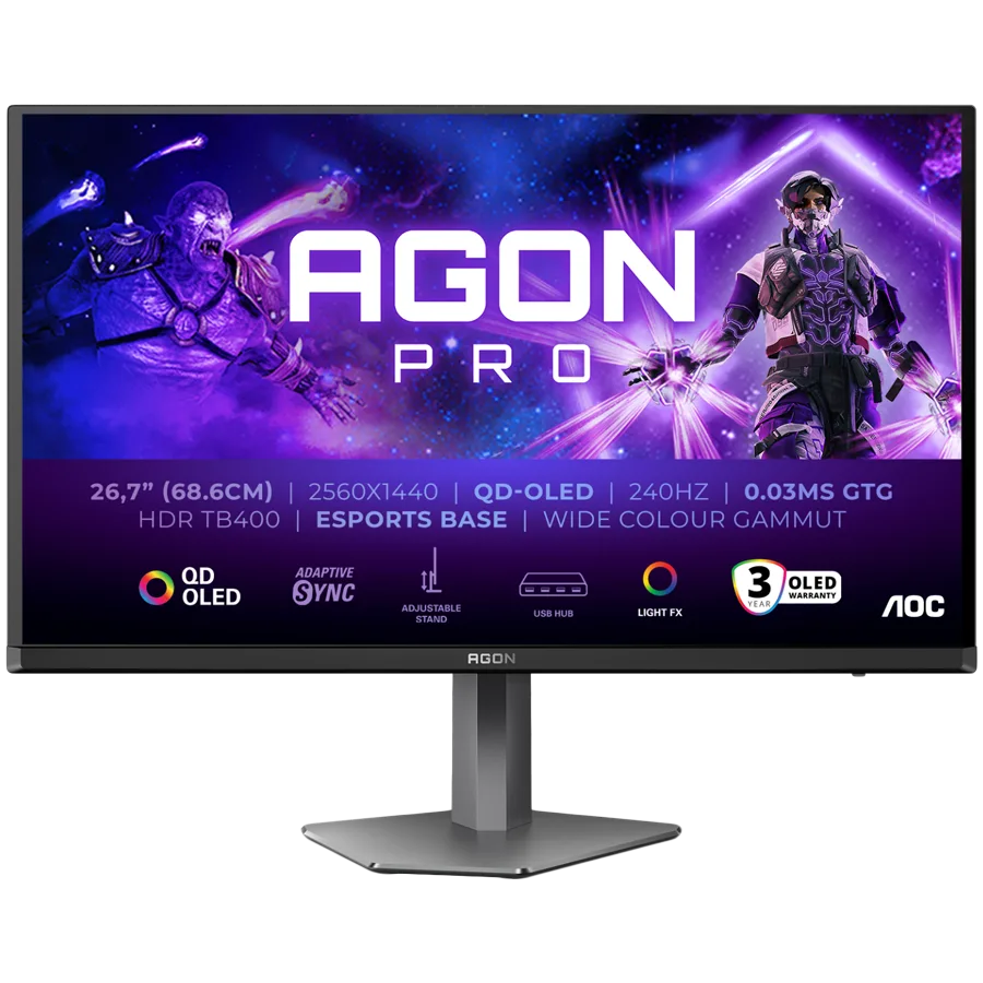 AOC Monitor LED AG276QZD2 AGON PRO 26.7" 2560x1440 QD-OLED Adaptive Sync 240Hz 0.03ms 250 cd/m2 3-sided frameless FULL ERGO 2xHDMI 2xDP USB Hub