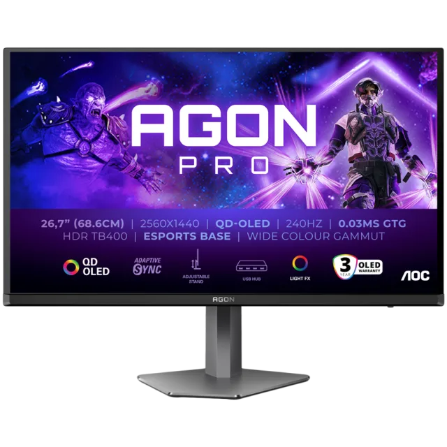 AOC Monitor LED AG276QZD2 AGON PRO 26.7" 2560x1440 QD-OLED Adaptive Sync 240Hz 0.03ms 250 cd/m2 3-sided frameless FULL ERGO 2xHDMI 2xDP USB Hub