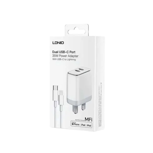 MFi Kucni punjac LDNIO A2528M 35W PD (2xUSB-C) kabal iPhone