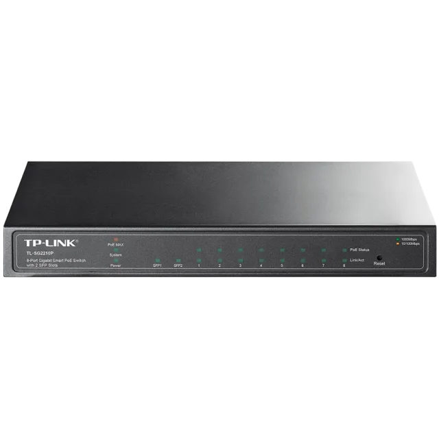TP-Link SG2210P Omada 10-Port Gigabit Smart Switch with 8 Gigabit PoE+ ports and 2 x SFP slots, 61W total PoE budget, Static routing, VLAN, ACL, QoS, IGMP Snooping, Fanless, metal casing, desktop/wall