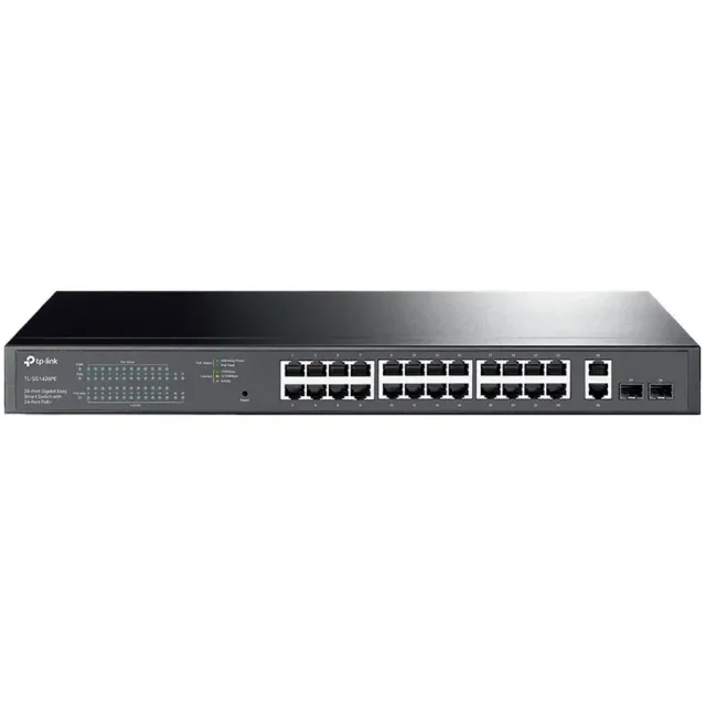 28-port gigabit Easy Smart switch with 24 PoE+ ports, 26 10/100/1000Mbps RJ-45 ports, 2 SFP uplink ports, compliant with 802.3af/at, 250W PoE budget, support Priority Mode, PoE Auto Recovery, 1U 19-in