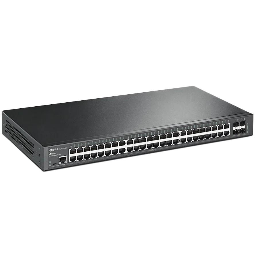 Omada 48-Port Gigabit L2+ Managed Switch 48× Gigabit RJ45 Ports, 4× 10G SFP+ Slots, RJ45/Micro-USB Console Port 1U 19-inch Rack-mountable Steel Case Integration with Omada SDN Controller