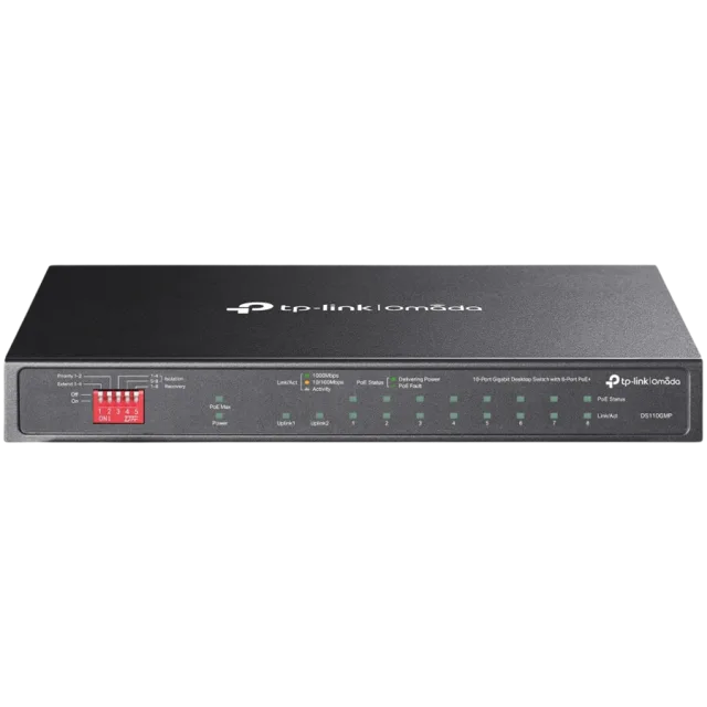 Omada 10-Port Gigabit Desktop Switch with 8-Port PoE+ 8× Gigabit PoE+ Ports, 2x Gigabit Non-PoE Ports, 1× Combo Gigabit SFP Slot 802.3at/af, 123 W PoE Power,  Desktop Steel Case Extend Mode for 250m P