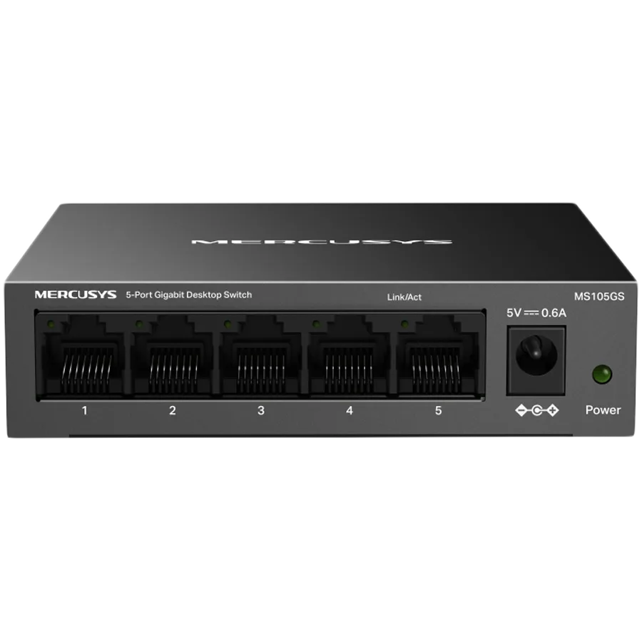 Mercusys MS105GS 5-Port Gigabit Desktop Switch, 5× Gigabit Ports, Desktop Steel Case, Wall Mounting, Plug and Play, Power Saving, Compact design, Green Ethernet technology, Silent