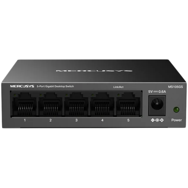 Mercusys MS105GS 5-Port Gigabit Desktop Switch, 5× Gigabit Ports, Desktop Steel Case, Wall Mounting, Plug and Play, Power Saving, Compact design, Green Ethernet technology, Silent