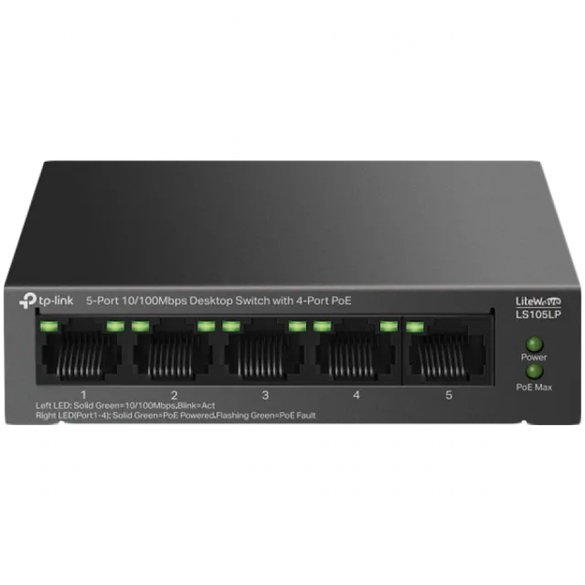 TP-Link LS105LP 5-Port 10/100 Mbps Desktop Switch with 4-Port PoE, 4× 10/100 Mbps PoE Ports, 1× 10/100 Mbps Non-PoE Port, 802.3af, 41 W PoE Power, Desktop Steel Case, Extend Mode for 250m PoE Transmit