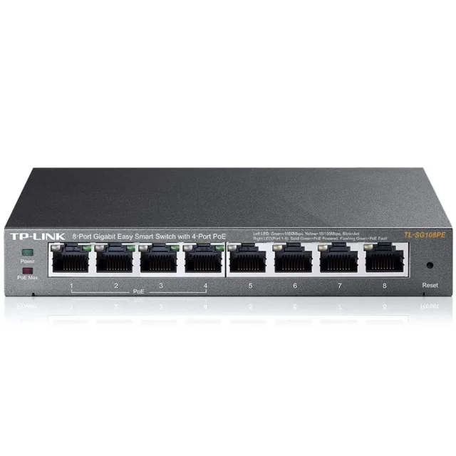 TP-Link TL-SG108PE 8-Port Gigabit Desktop PoE+ Easy Smart Switch, 8 Gigabit RJ45 ports including 4 PoE+ ports, 64W PoE Power supply, MTU/Port/Tag-based VLAN, QoS, IGMP Snooping, PoE Auto Recovery, PD