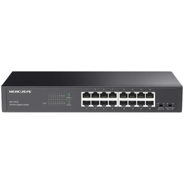 Mercusys MS116GS 16-Port Gigabit Desktop/Rackmount Switch, 16x10/100/1000 Mbps Auto-Negotiation RJ45 port supporting Auto-MDI/MDIX, Isolation Mode, Loop Prevention, Durable Metal Casing, Plug and Play