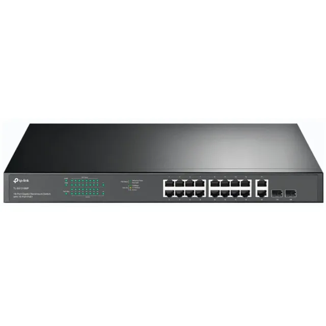 18-port gigabit Unmanaged switch with 16 PoE+ ports, 18 10/100/1000Mbps RJ-45 port, 2 combo SFP ports, compliant with 802.3af/at, 250W PoE budget, support 802.1p/DHCP QoS, plug and play, 1U 19-inch ra