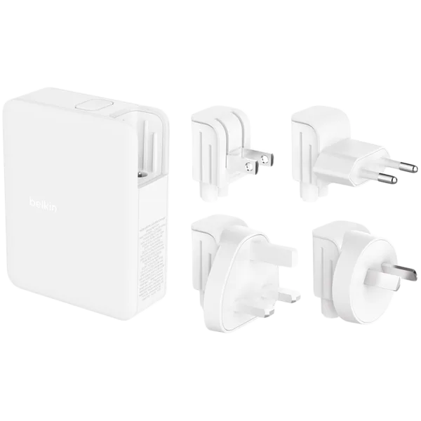 BELKIN 140w 4-ports USB GaN Wall Charger with UK, EU, US plug tips, White