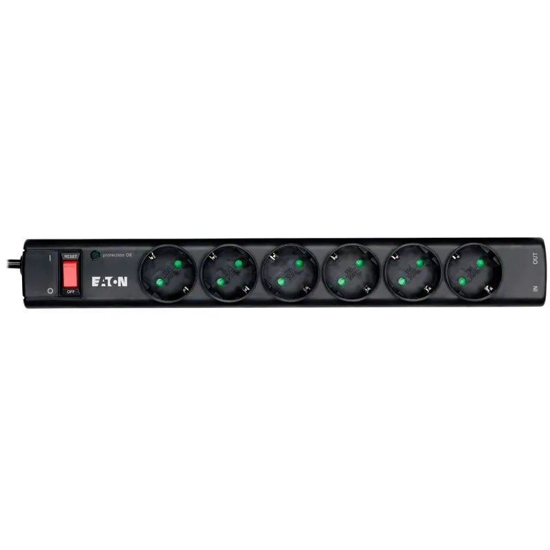 Eaton Protection Strip 6 DIN, 10A, 2500W; Input: Schuko, Outputs: (6) Schuko; Power Cord Lenght 1m; Over voltage protection; On/Off switch; LED indication; 2yr warranty