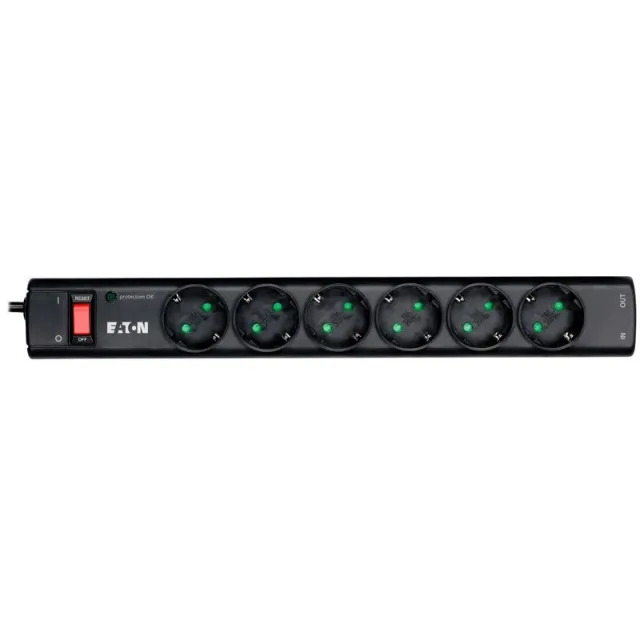 Eaton Protection Strip 6 DIN, 10A, 2500W; Input: Schuko, Outputs: (6) Schuko; Power Cord Lenght 1m; Over voltage protection; On/Off switch; LED indication; 2yr warranty