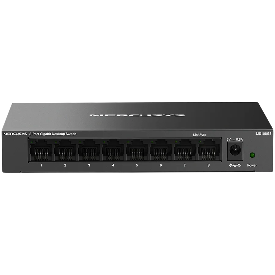 Mercusys MS108GS 8-Port Gigabit Desktop Switch, 8× Gigabit Ports, Desktop Steel Case, Wall Mounting, Plug and Play, Power Saving, Compact design, Green Ethernet technology, Silent