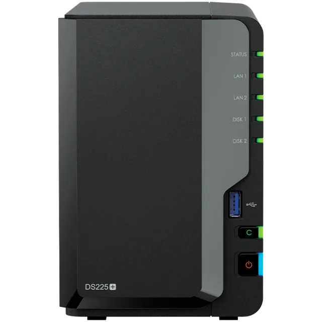 Synology DS225+, Tower, 2-bays 3.5'' SATA HDD/SSD, CPU Inte Celeron J4125 4-core (4-thread) 2.0 GHz, burst up to 2.7 GHz, 2 GB DDR4 non-ECC (expandable up to 6 GB), 1xRJ-45 1GbE LAN, 1xRJ-45 2.5 GbE L