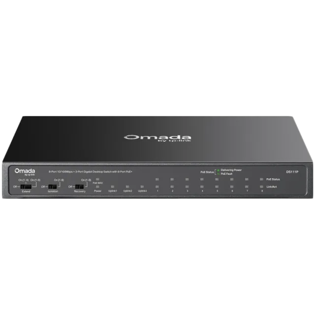 Omada 8-Port 10/100Mbps + 3-Port Gigabit Desktop Switch with 8-Port PoE+ 8× 10/100 Mbps PoE+ Ports, 2× Gigabit Non-PoE Ports, 1× Gigabit SFP Slots 802.3at/af, 65 W PoE Power, Desktop Steel Case Extend