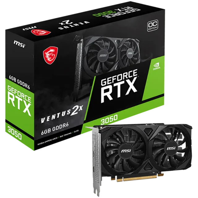 MSI GeForce RTX 3050 Ventus 2X E 6G OC Gaming Graphics Card 6GB GDDR6, 1492 MHz, PCI Express Gen 4, 96-bit, 1x DP (v1.4a), 2X HDMI 2.1 (Supports 4K)