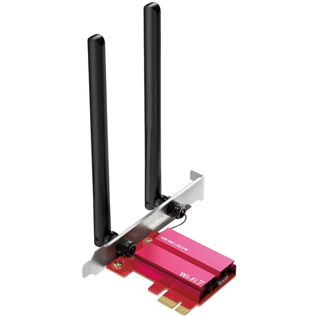 Mercusys MA37BE BE6500 WiFi 7 Bluetooth 5.4 PCIe Adapter, 2402 Mbps at 6 GHz + 2402 Mbps at 5 GHz + 574 Mbps at 2.4 GHz, 2x High Gain Tri-Band External Antennas, Wi-Fi 6E, MU-MIMO, OFDMA, 1024 QAM, HE