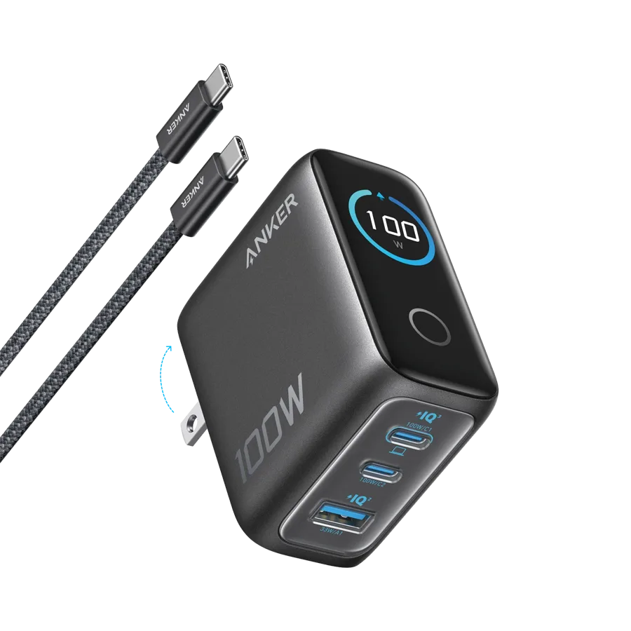 Anker Charger (100W, 3 Ports, Smart Display) Gray