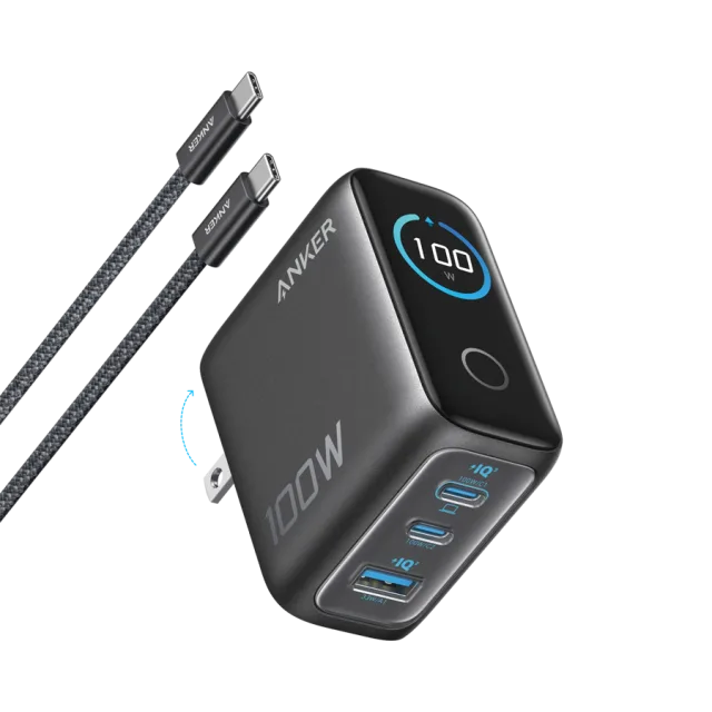 Anker Charger (100W, 3 Ports, Smart Display) Gray