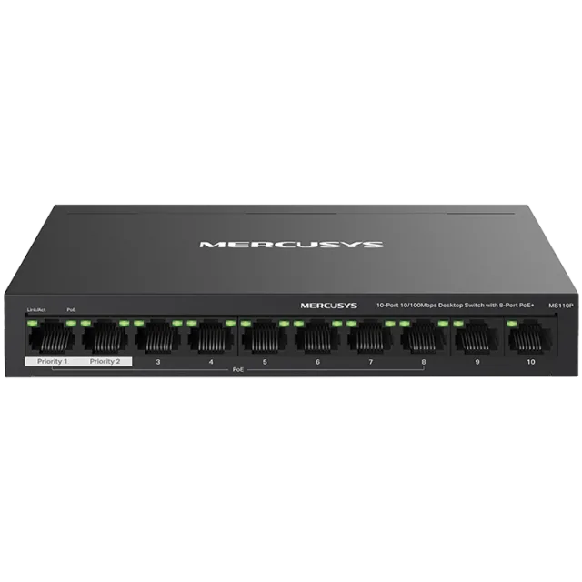 10-Port 10/100Mbps Desktop Switch with 8-Port PoE+PORT: 8× 10/100 Mbps PoE+ Ports, 2× 10/100 Mbps Non-PoE PortsSPEC: Compatible with 802.3af/at PDs, 65 W PoE Power, Desktop Steel Case, Wall MountingFE