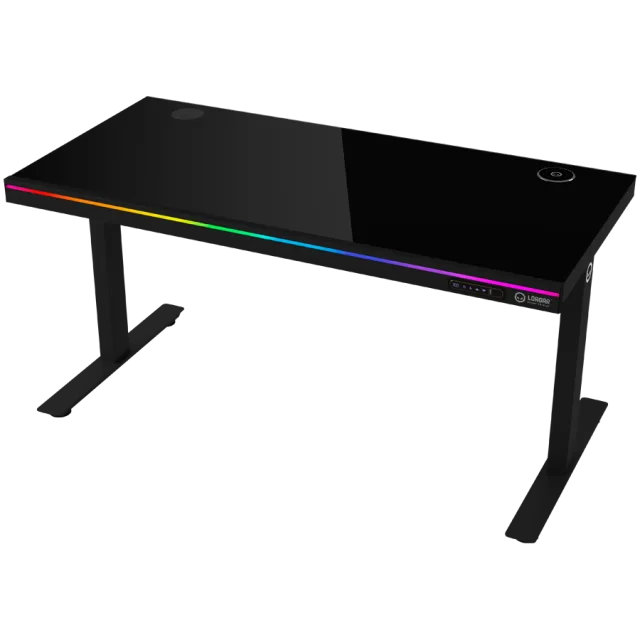 Dual-motor sit/stand adjustable-height gaming desk with wireless charger, RGB lighting, control panel, and USB ports, solid tempered glass tabletop, black.
