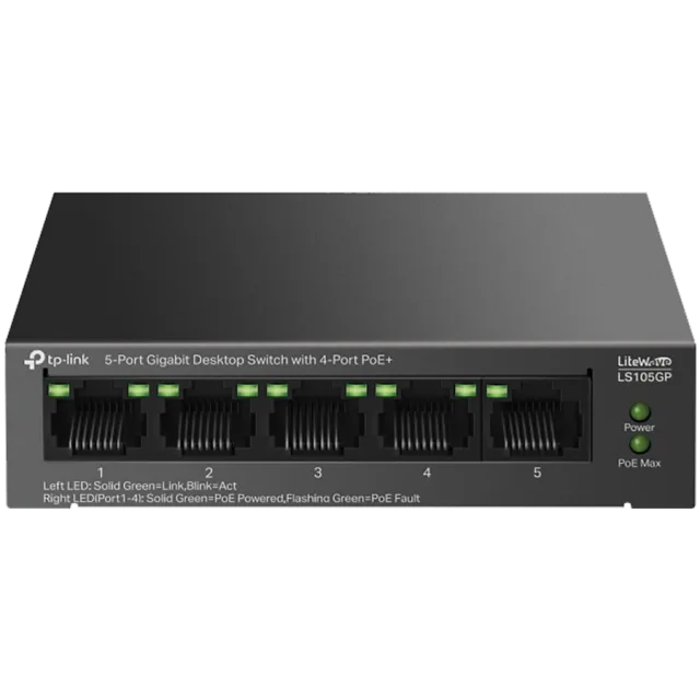 TP-Link LS105GP 5-Port Gigabit Desktop Switch with  4-Port PoE+, 4x Gigabit PoE+ Ports, 1x Gigabit Non-PoE Port, 802.3af/at, 65 W PoE Power, Desktop Steel Case, Extend Mode for 250m PoE Transmitting,