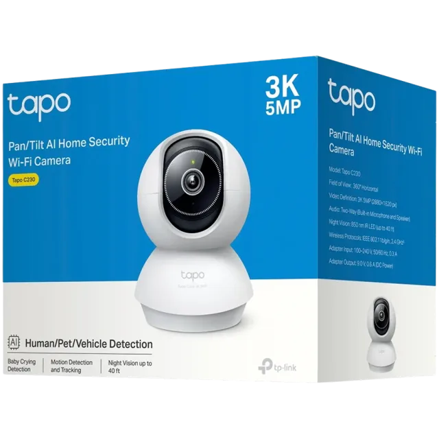 TP-Link Tapo C230 Pan/Tilt AI Home Security Wi-Fi Camera, 3K 5MP (2880x1620), 2.4 GHz, Horizontal 360, Pan/Tilt, Smart AI Detection and Notifications (motion, people, pets, cars, baby crying, abnormal