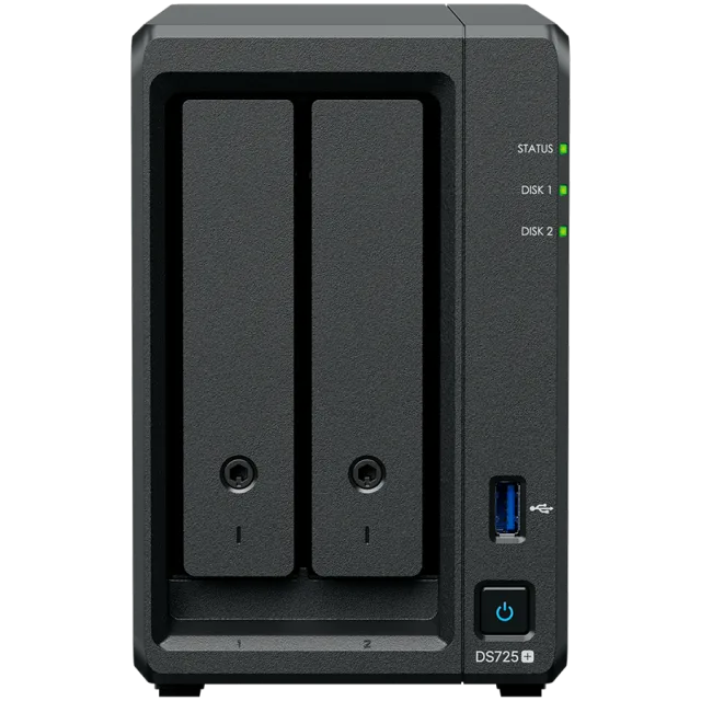 Synology DS725+, Tower, 2-Bays 3.5'' SATA HDD/SSD, 2 x M.2 2280 NVMe SSD, CPU AMD Ryzen R1600 dual-core (4-thread), max. boost up to 3.1 GHz, 4 GB DDR4 ECC SODIMM, 1 x 2.5 GbE, 1 x 1GbE, 1 x USB 3.2,