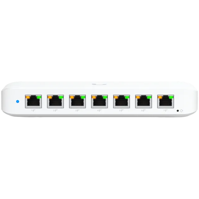 Ubiquiti USW-Ultra-210W-EU compact, Layer 2, 8-port GbE PoE switch with versatile mounting options, 7x GbE PoE+ output ports, GbE port with optional PoE++ input, 202W PoE availability with the include