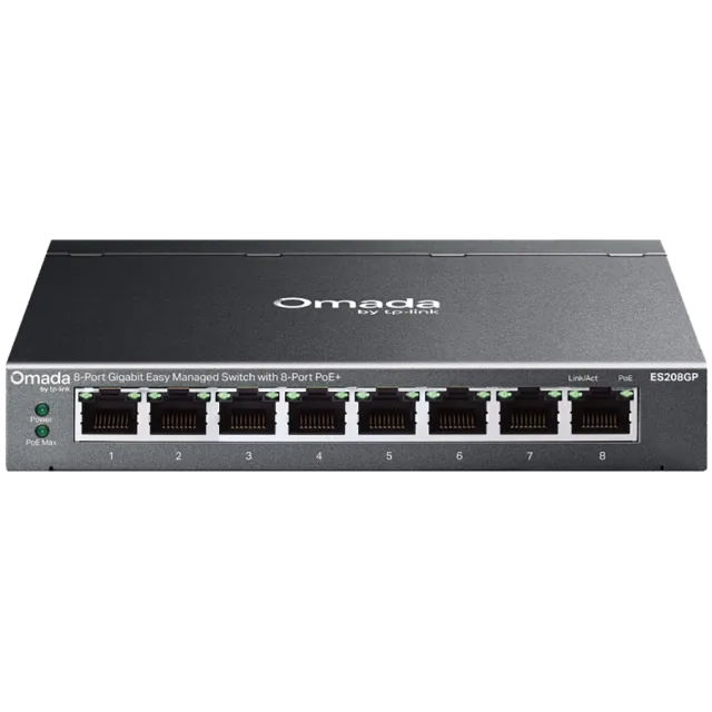 TP-Link ES208GP Omada 8-Port Gigabit Easy Managed Switch with 8-Port PoE+, 8x G PoE+ Ports, 802.3at/af, 64 W PoE Power,  Desktop Steel Case and Fanless,Omada App, Flow Control, Loopback Detection, Por